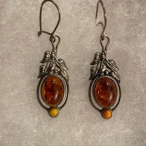 Pair of actual amber earrings in sterling silver